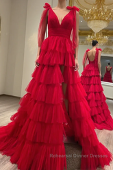 Red Long Semi Formal Prom Dresses Princess A Line V Neck Party Evening Dresses with Ruffles